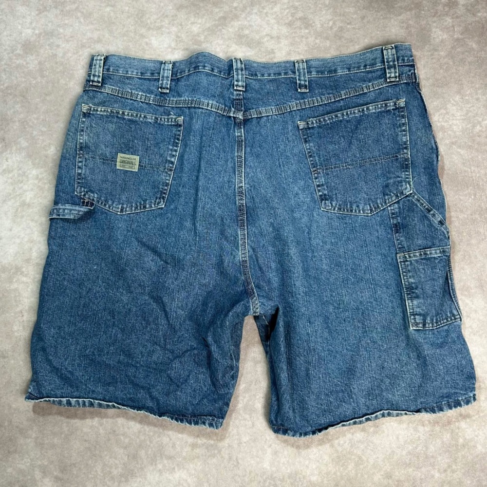 Men's Wrangler Carpenter Denim Shorts Sz 46 Blue Distressed Jorts Skater painter